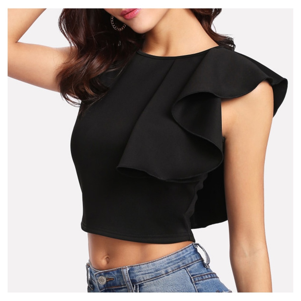 Black Sleeveless Side Ruffle Crop Top - Picture 3 of 5